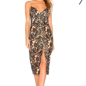 Lovers + Friends Farley Midi Bodycon Cocktail Dress Nude Black Lace Bustier Md